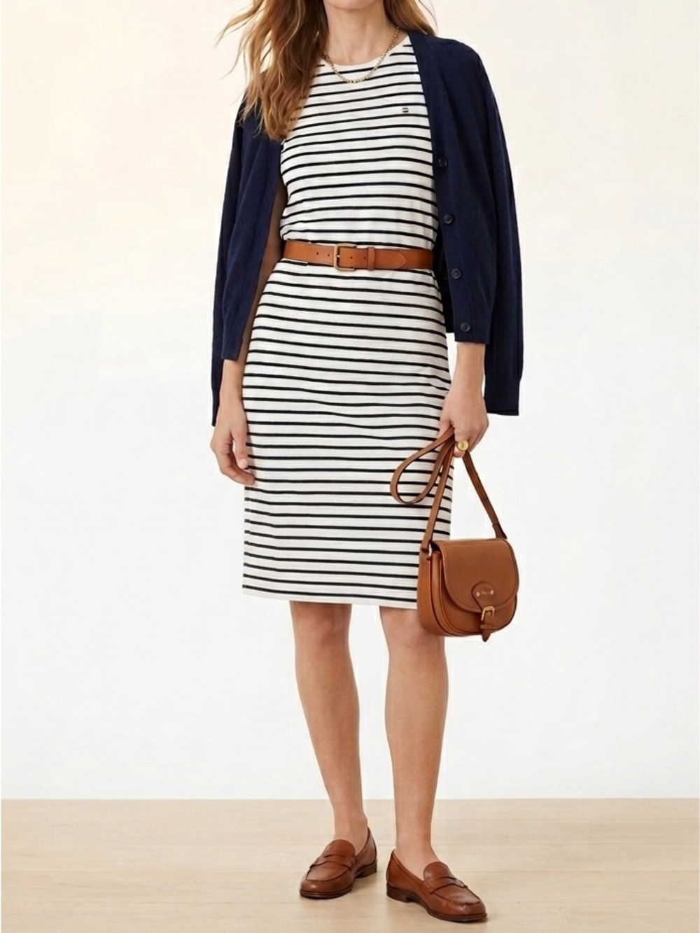 Tommy Hilfiger White & Blue Stripped Crewneck Jersey Dress Short Sleeve Midi